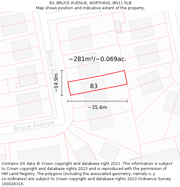 83, BRUCE AVENUE, WORTHING, BN11 5LB: Plot and title map