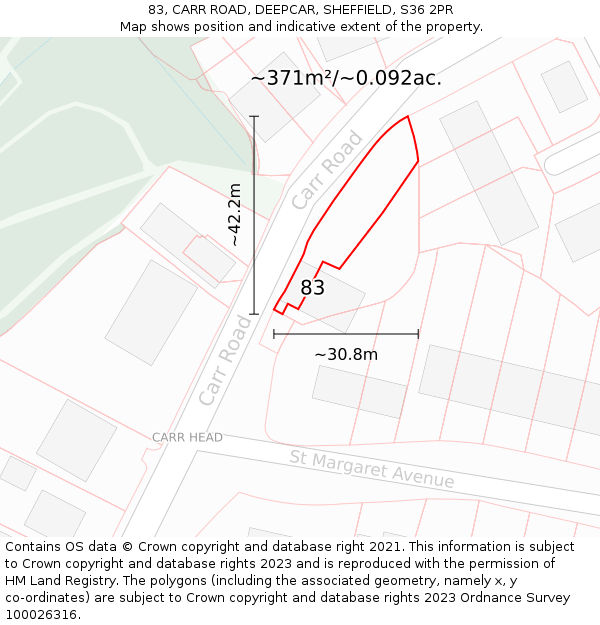 83, CARR ROAD, DEEPCAR, SHEFFIELD, S36 2PR: Plot and title map