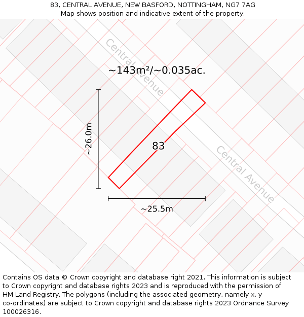 83, CENTRAL AVENUE, NEW BASFORD, NOTTINGHAM, NG7 7AG: Plot and title map