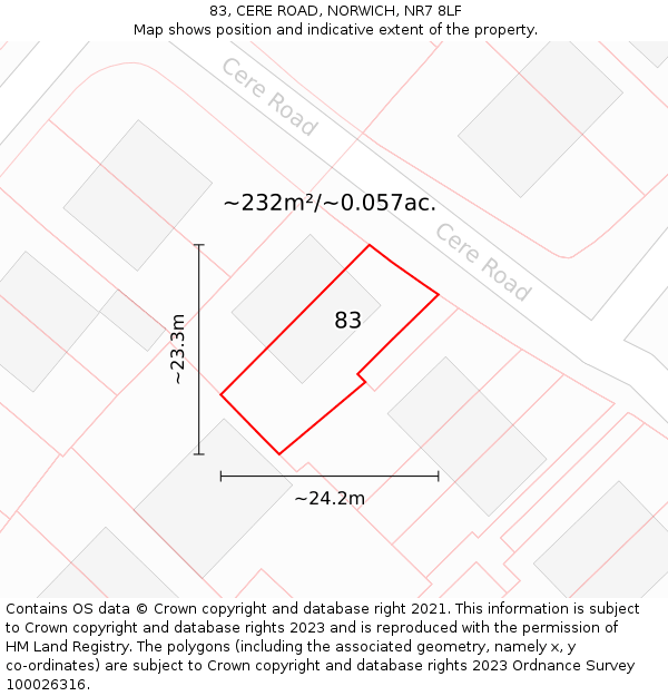 83, CERE ROAD, NORWICH, NR7 8LF: Plot and title map