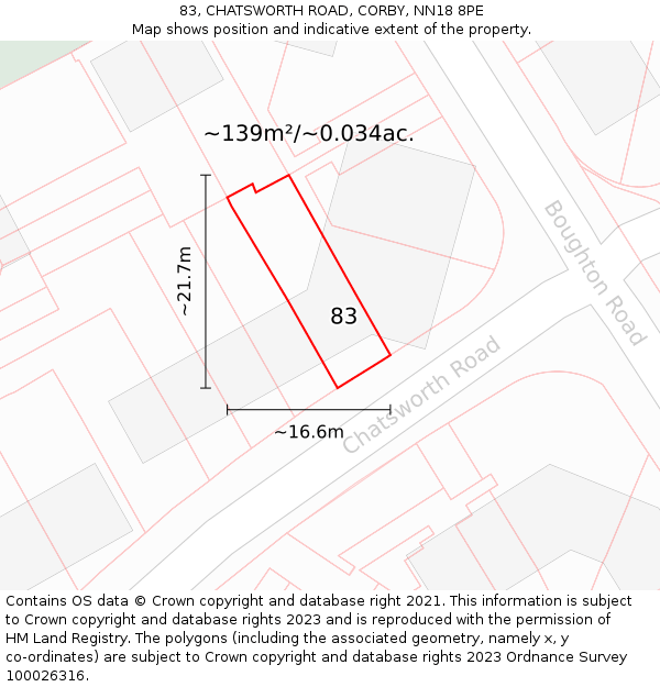 83, CHATSWORTH ROAD, CORBY, NN18 8PE: Plot and title map