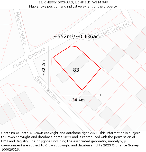 83, CHERRY ORCHARD, LICHFIELD, WS14 9AF: Plot and title map