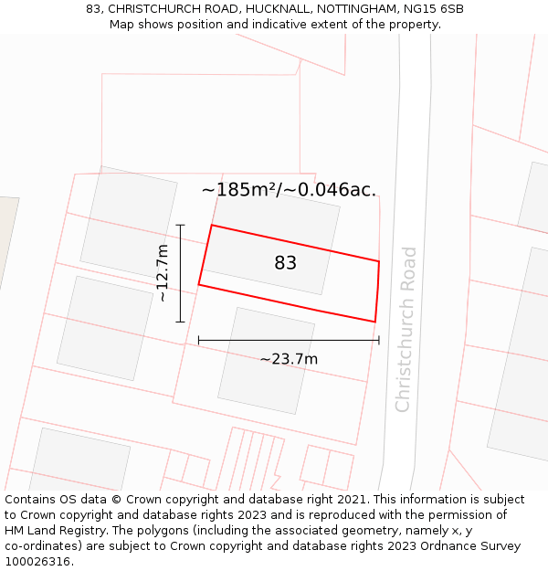 83, CHRISTCHURCH ROAD, HUCKNALL, NOTTINGHAM, NG15 6SB: Plot and title map