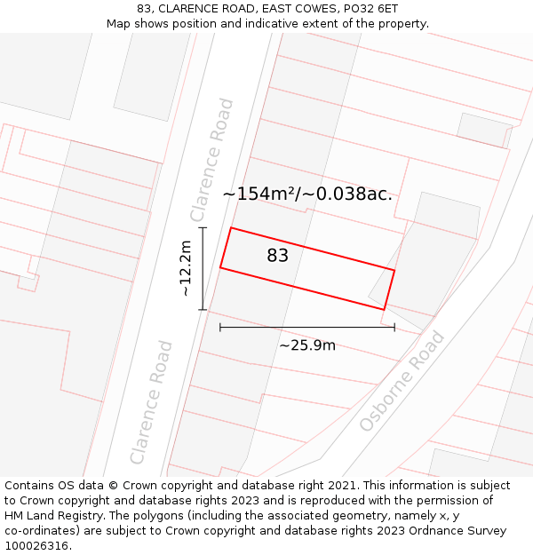 83, CLARENCE ROAD, EAST COWES, PO32 6ET: Plot and title map