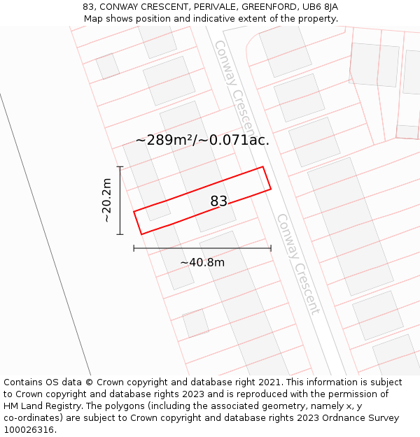 83, CONWAY CRESCENT, PERIVALE, GREENFORD, UB6 8JA: Plot and title map