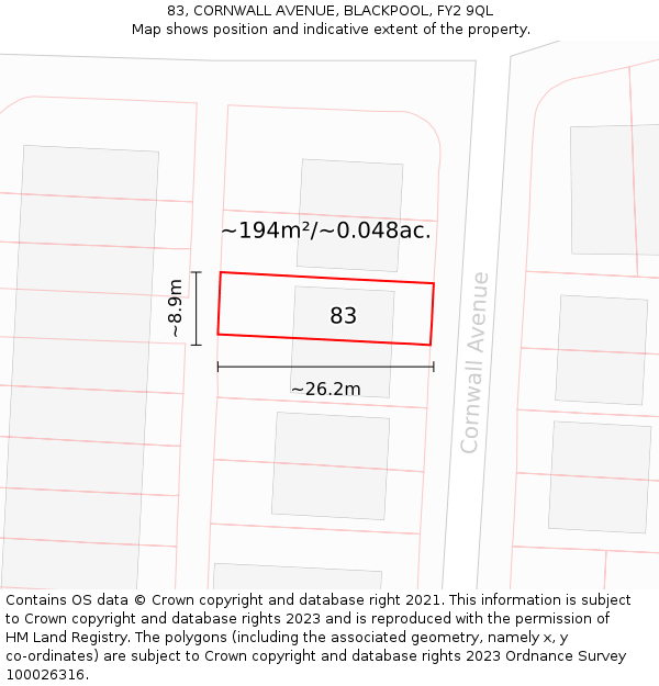 83, CORNWALL AVENUE, BLACKPOOL, FY2 9QL: Plot and title map