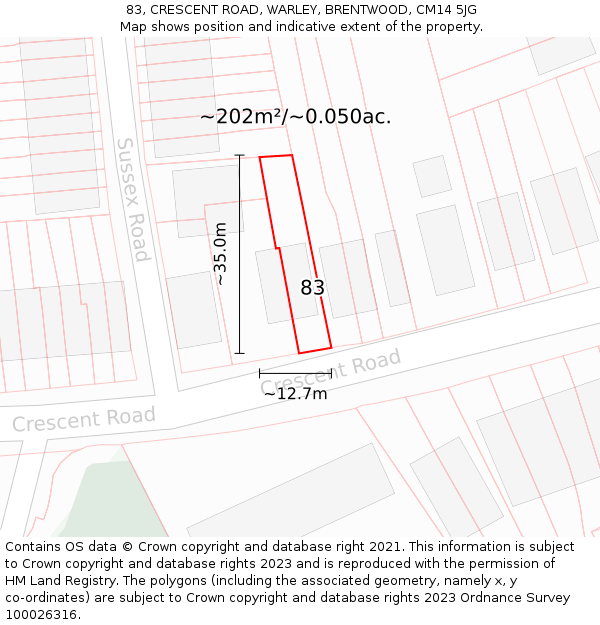 83, CRESCENT ROAD, WARLEY, BRENTWOOD, CM14 5JG: Plot and title map