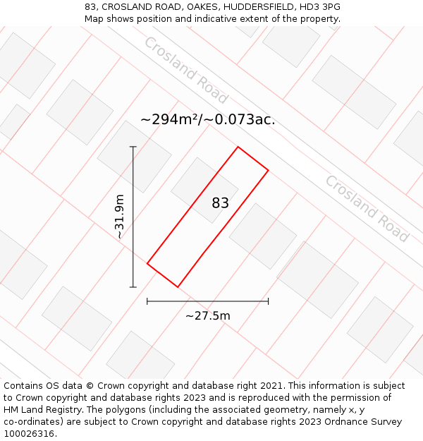 83, CROSLAND ROAD, OAKES, HUDDERSFIELD, HD3 3PG: Plot and title map
