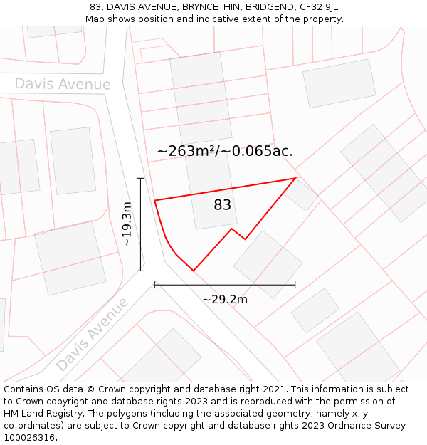 83, DAVIS AVENUE, BRYNCETHIN, BRIDGEND, CF32 9JL: Plot and title map