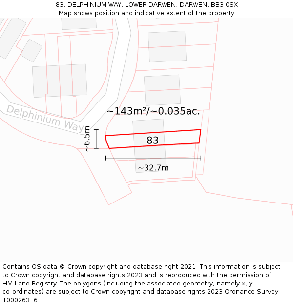 83, DELPHINIUM WAY, LOWER DARWEN, DARWEN, BB3 0SX: Plot and title map