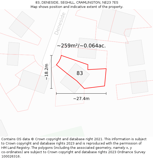 83, DENESIDE, SEGHILL, CRAMLINGTON, NE23 7ES: Plot and title map