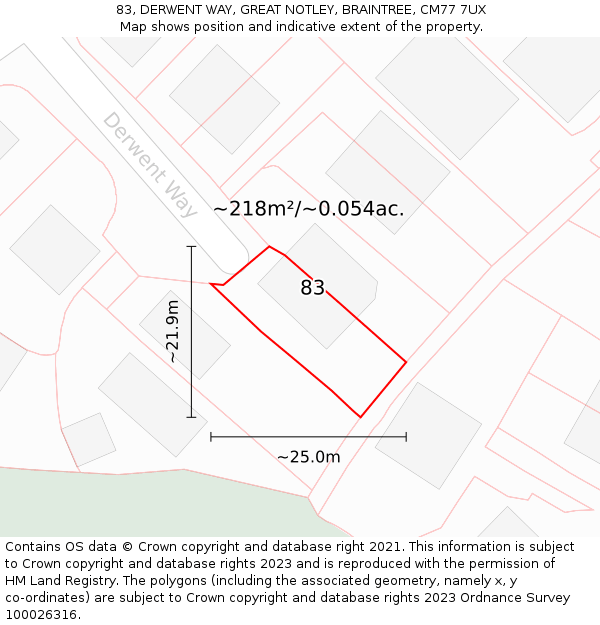 83, DERWENT WAY, GREAT NOTLEY, BRAINTREE, CM77 7UX: Plot and title map