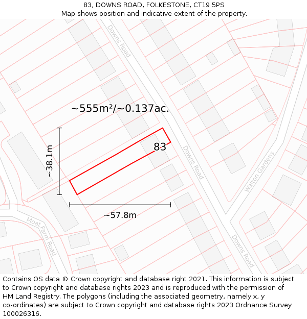 83, DOWNS ROAD, FOLKESTONE, CT19 5PS: Plot and title map