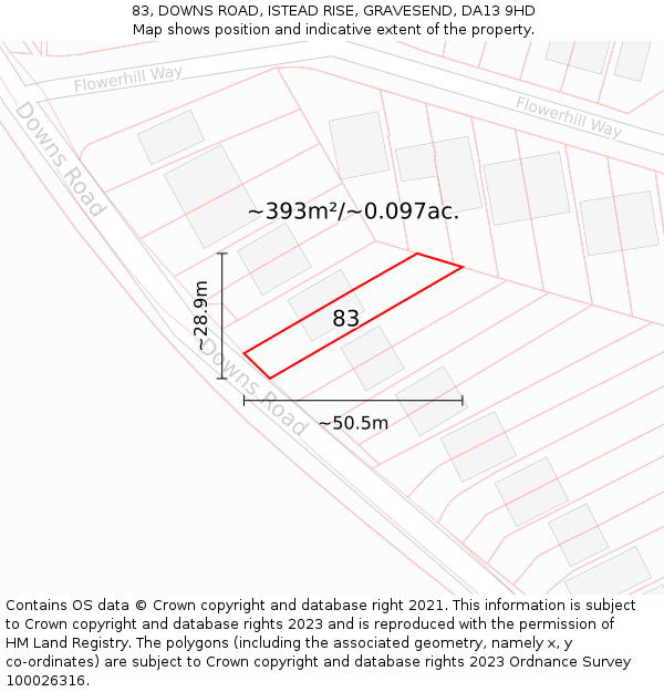 83, DOWNS ROAD, ISTEAD RISE, GRAVESEND, DA13 9HD: Plot and title map