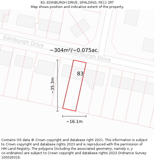 83, EDINBURGH DRIVE, SPALDING, PE11 2RT: Plot and title map