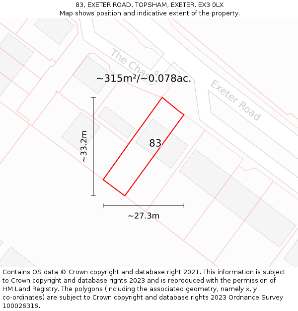 83, EXETER ROAD, TOPSHAM, EXETER, EX3 0LX: Plot and title map