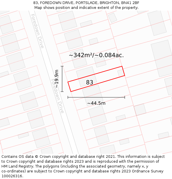 83, FOREDOWN DRIVE, PORTSLADE, BRIGHTON, BN41 2BF: Plot and title map