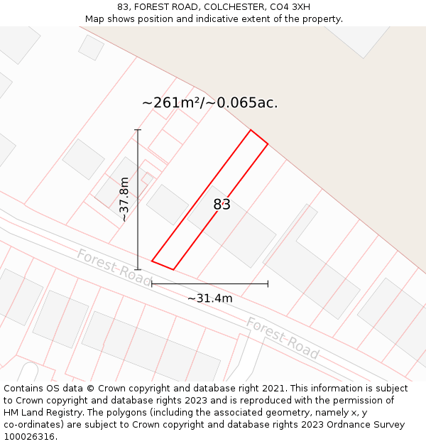 83, FOREST ROAD, COLCHESTER, CO4 3XH: Plot and title map