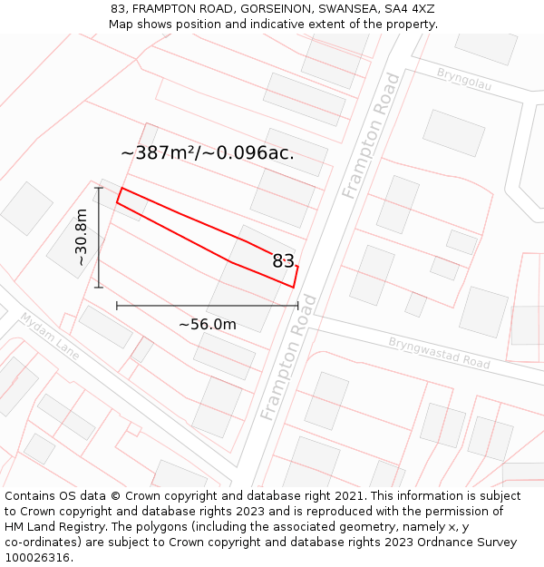 83, FRAMPTON ROAD, GORSEINON, SWANSEA, SA4 4XZ: Plot and title map