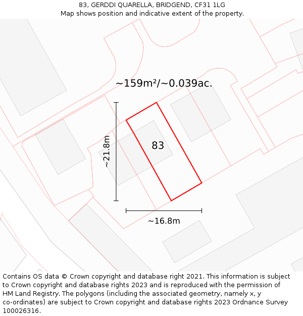 83, GERDDI QUARELLA, BRIDGEND, CF31 1LG: Plot and title map
