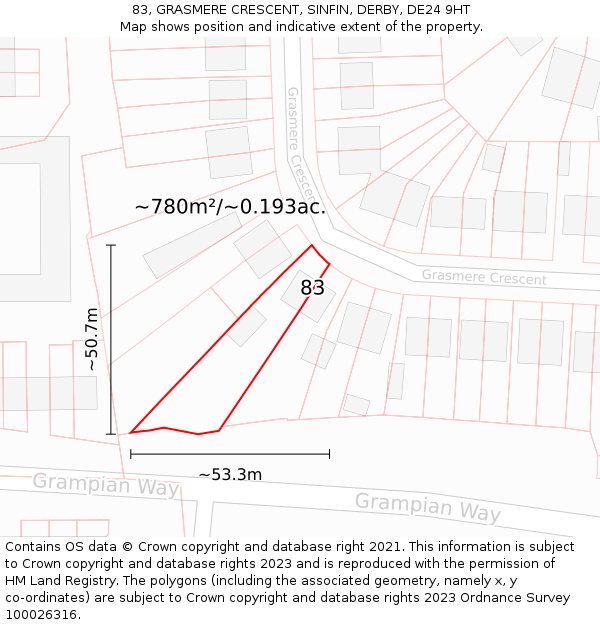 83, GRASMERE CRESCENT, SINFIN, DERBY, DE24 9HT: Plot and title map