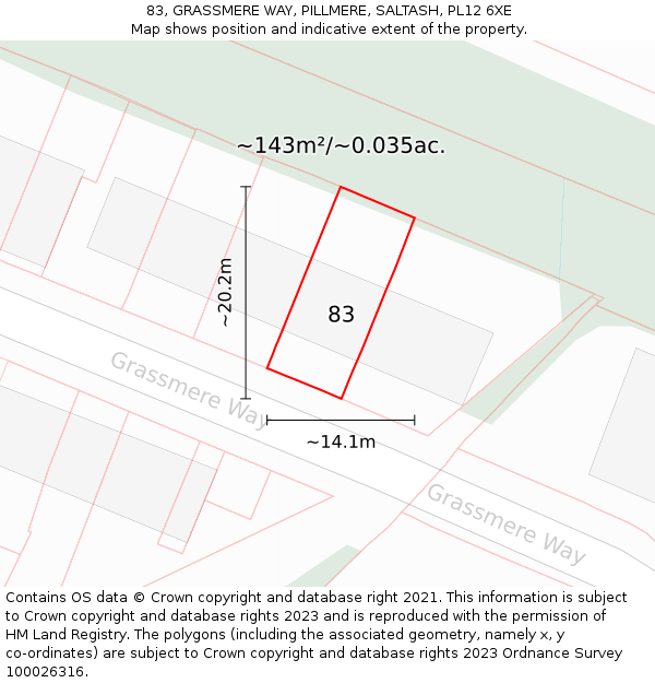 83, GRASSMERE WAY, PILLMERE, SALTASH, PL12 6XE: Plot and title map