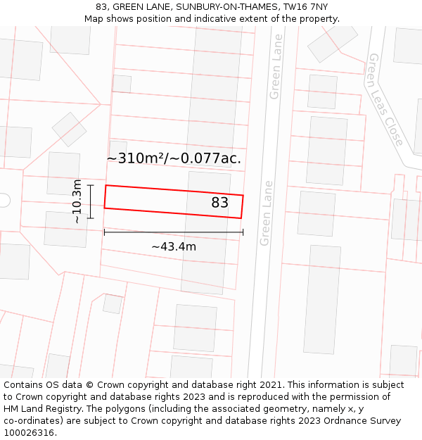 83, GREEN LANE, SUNBURY-ON-THAMES, TW16 7NY: Plot and title map