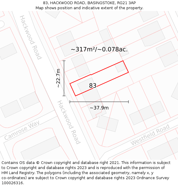 83, HACKWOOD ROAD, BASINGSTOKE, RG21 3AP: Plot and title map