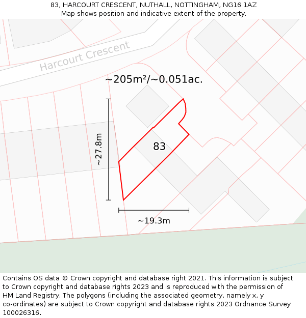 83, HARCOURT CRESCENT, NUTHALL, NOTTINGHAM, NG16 1AZ: Plot and title map
