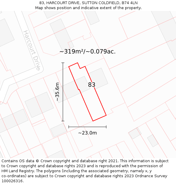 83, HARCOURT DRIVE, SUTTON COLDFIELD, B74 4LN: Plot and title map