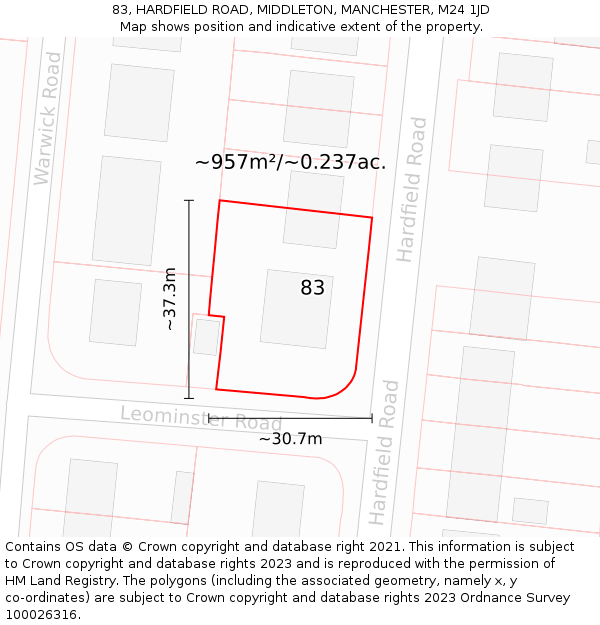 83, HARDFIELD ROAD, MIDDLETON, MANCHESTER, M24 1JD: Plot and title map