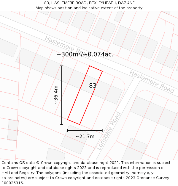 83, HASLEMERE ROAD, BEXLEYHEATH, DA7 4NF: Plot and title map