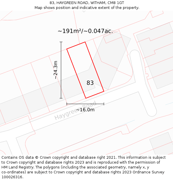 83, HAYGREEN ROAD, WITHAM, CM8 1GT: Plot and title map