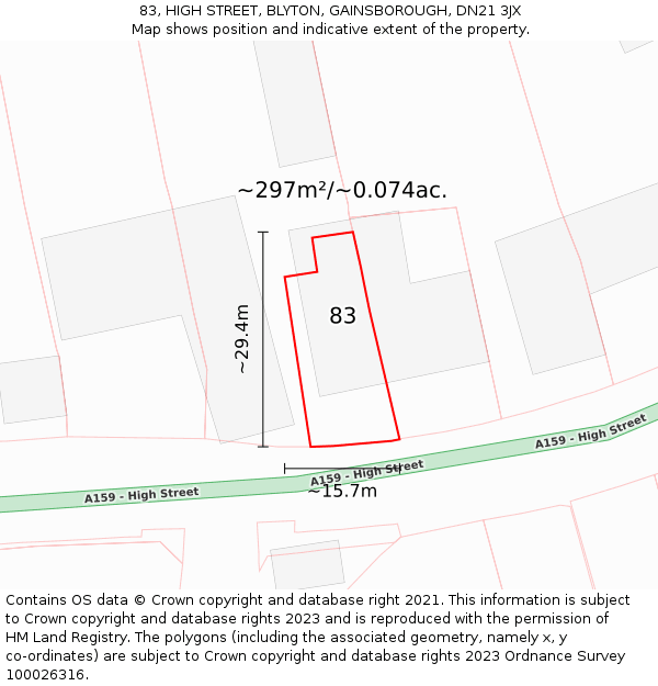 83, HIGH STREET, BLYTON, GAINSBOROUGH, DN21 3JX: Plot and title map