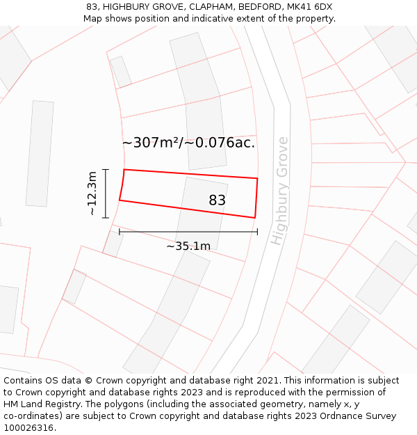83, HIGHBURY GROVE, CLAPHAM, BEDFORD, MK41 6DX: Plot and title map