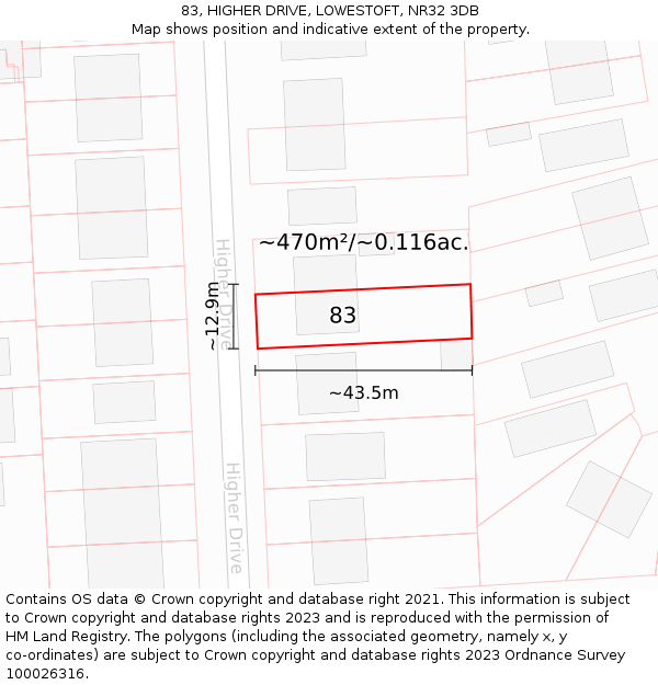 83, HIGHER DRIVE, LOWESTOFT, NR32 3DB: Plot and title map