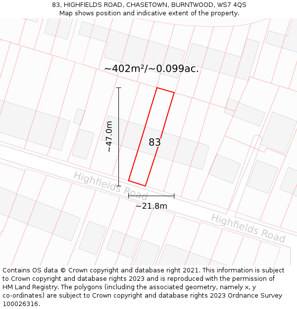 83, HIGHFIELDS ROAD, CHASETOWN, BURNTWOOD, WS7 4QS: Plot and title map