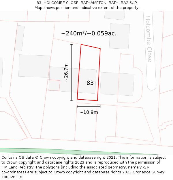 83, HOLCOMBE CLOSE, BATHAMPTON, BATH, BA2 6UP: Plot and title map