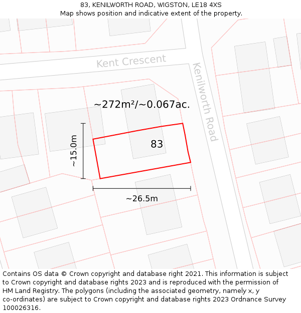 83, KENILWORTH ROAD, WIGSTON, LE18 4XS: Plot and title map