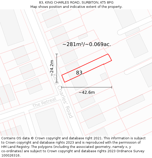 83, KING CHARLES ROAD, SURBITON, KT5 8PG: Plot and title map
