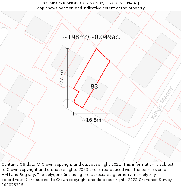 83, KINGS MANOR, CONINGSBY, LINCOLN, LN4 4TJ: Plot and title map