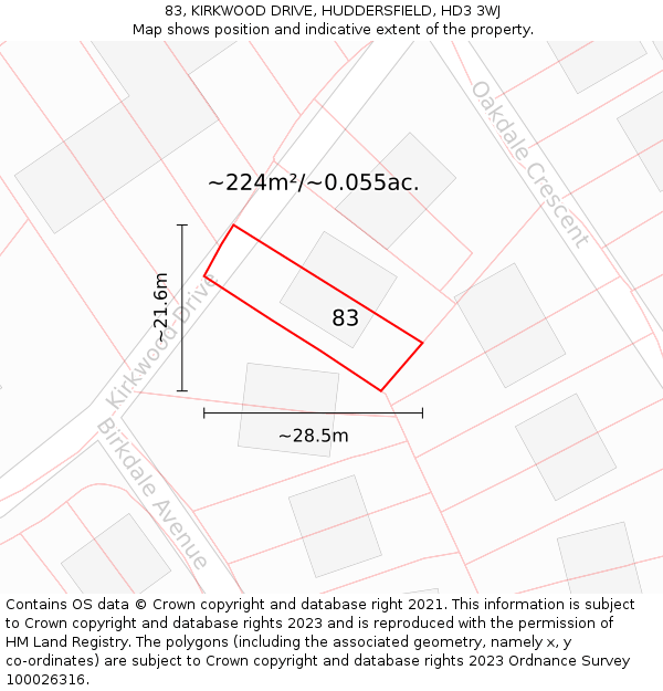 83, KIRKWOOD DRIVE, HUDDERSFIELD, HD3 3WJ: Plot and title map
