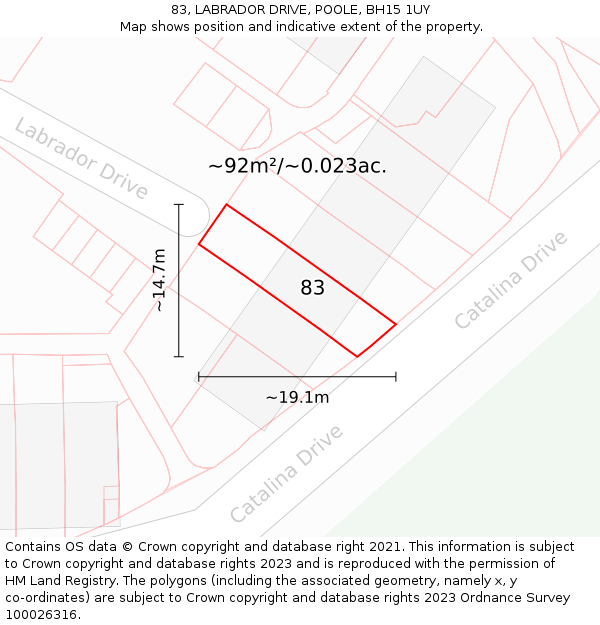 83, LABRADOR DRIVE, POOLE, BH15 1UY: Plot and title map