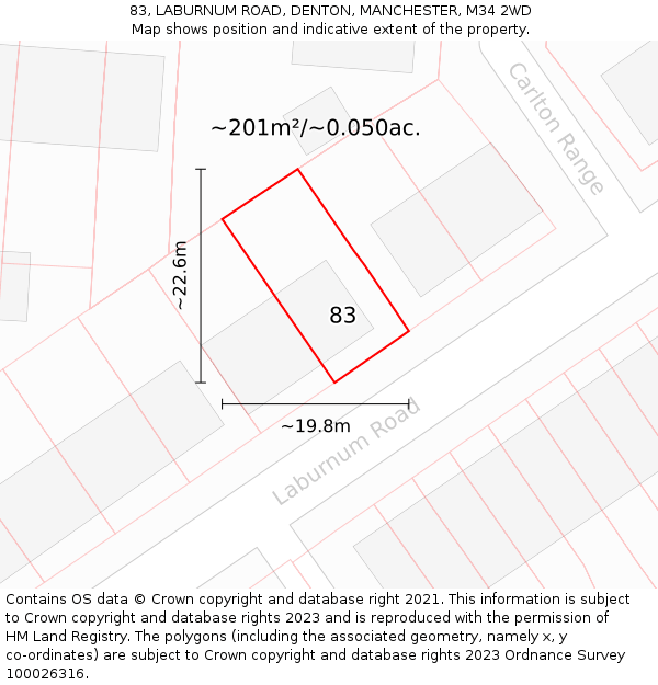 83, LABURNUM ROAD, DENTON, MANCHESTER, M34 2WD: Plot and title map