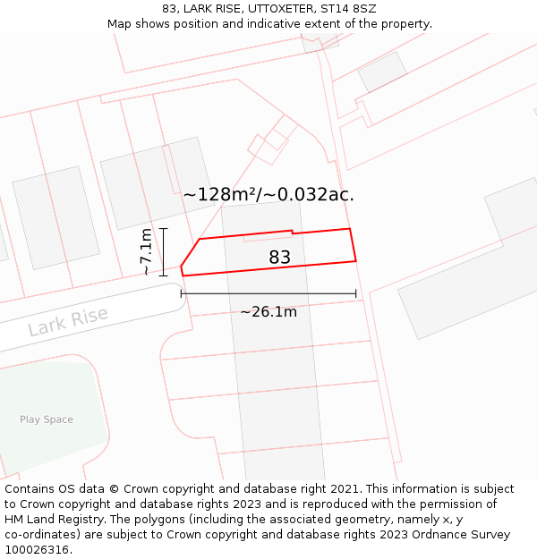 83, LARK RISE, UTTOXETER, ST14 8SZ: Plot and title map