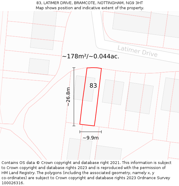 83, LATIMER DRIVE, BRAMCOTE, NOTTINGHAM, NG9 3HT: Plot and title map