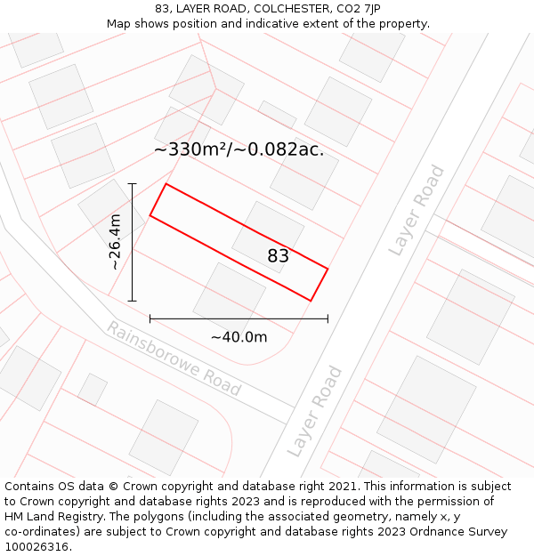 83, LAYER ROAD, COLCHESTER, CO2 7JP: Plot and title map