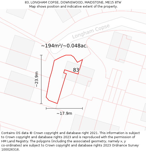 83, LONGHAM COPSE, DOWNSWOOD, MAIDSTONE, ME15 8TW: Plot and title map