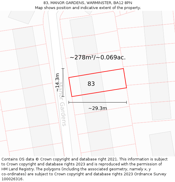 83, MANOR GARDENS, WARMINSTER, BA12 8PN: Plot and title map