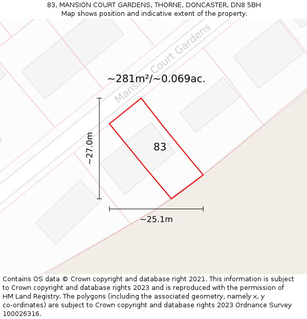 83, MANSION COURT GARDENS, THORNE, DONCASTER, DN8 5BH: Plot and title map